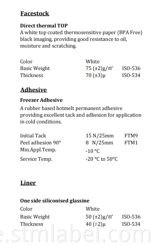 Hi18j1652 Direct Thermal Top Freezer Adhesive White Glassine